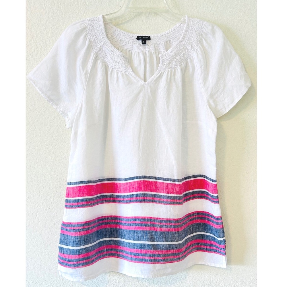 Talbots Coastal White Pink Blue Striped 100% Linen Smocked V-Neck Blouse SZ M